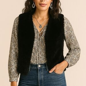 Kensie Midnight Boho Plush Fake Fur Open Vest Black Large